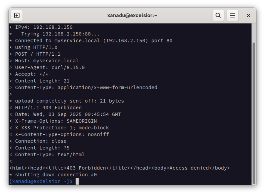 Screenshot of a Linux terminal window showing a blocked web response