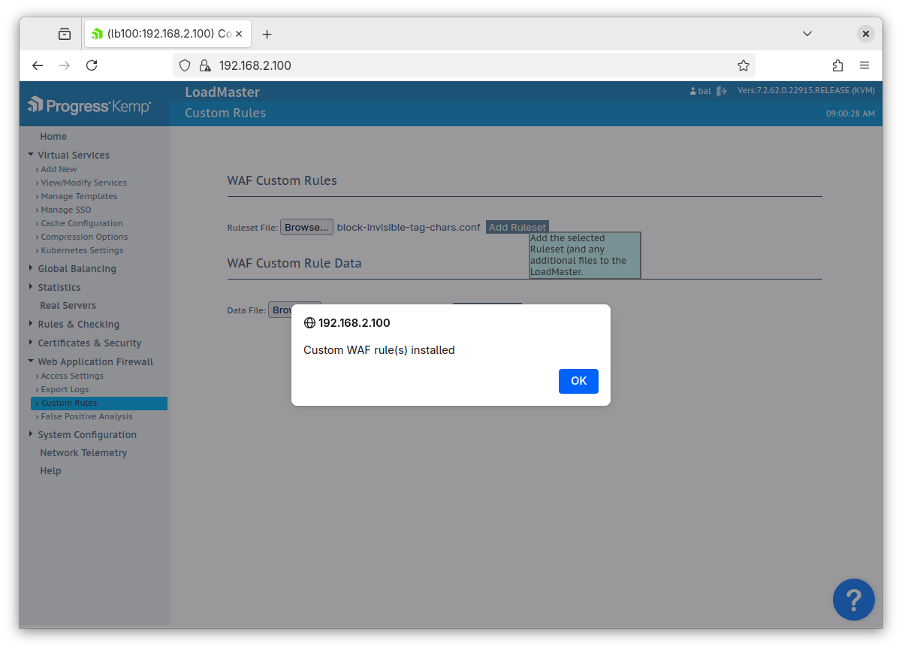 Screenshot of a LoadMaster Web UI showing the custom WAF rule being uploaded